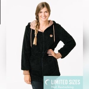 ZYIA Black Long Hooded Teddy Jacket,Fleece Sherpa Women's sz Medium, Warm Cozy